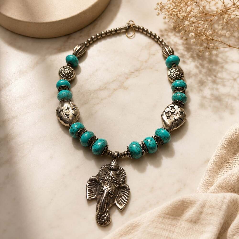 Tibetan Style Ganesha Pendant Necklace with Turquoise and Silver Beads